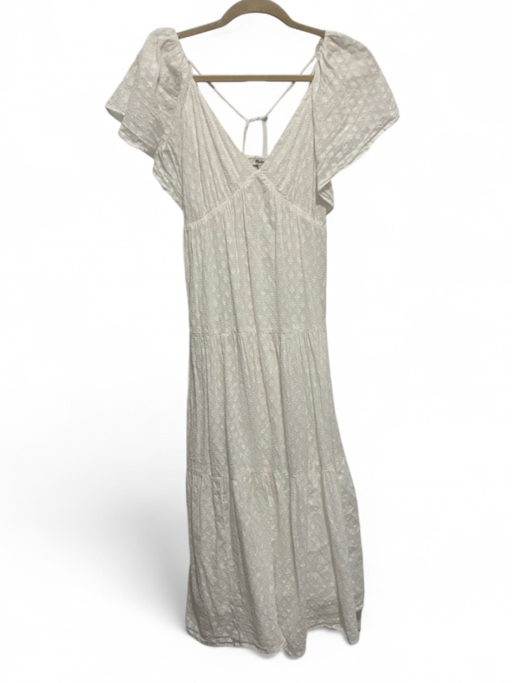 Madewell White Tiered Flutter Sleeves Textured V-Neck Midi Dress